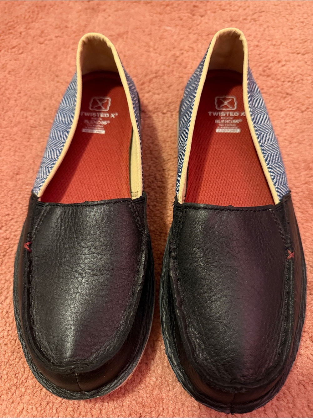 Twisted X Black Leather & Blue Herringbone Slip-On Loafers with Red Insoles